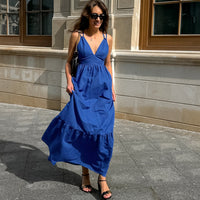 French Vacation Blue Cotton-Linen V-Neck Backless Dress