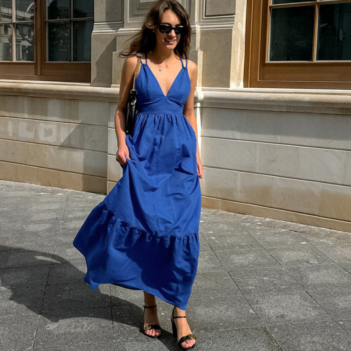 French Vacation Blue Cotton-Linen V-Neck Backless Dress