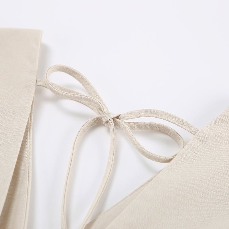 French Beige Cotton Linen Puff Sleeve Dress