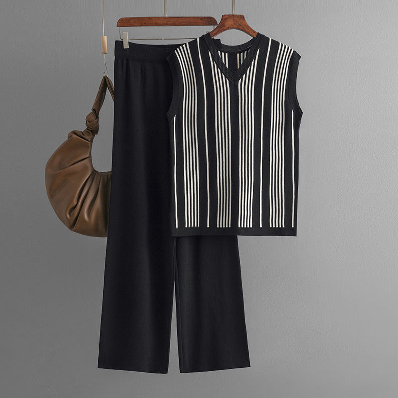 Striped V-Neck Knit Top and Pants Set