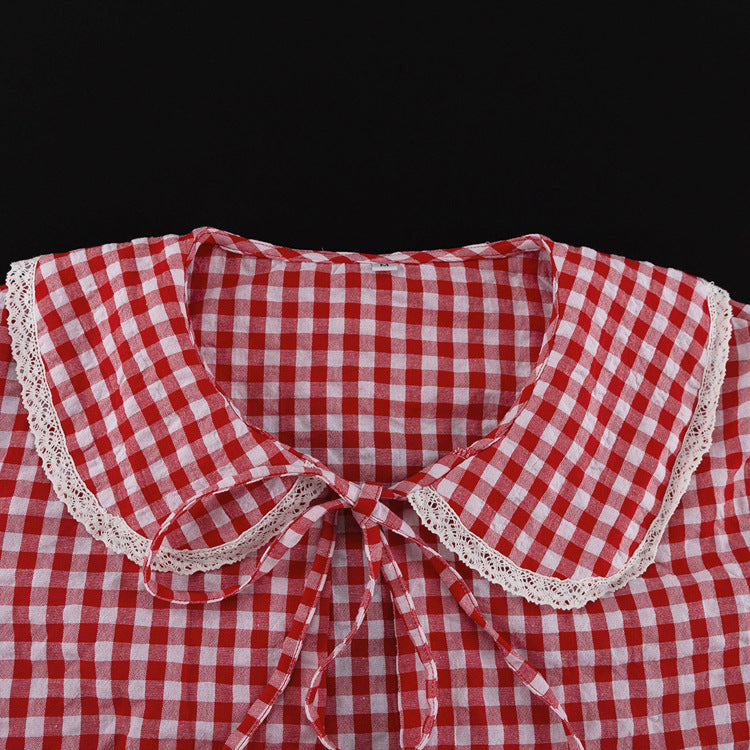 Plaid Lace-Up Top & Wide-Leg Pants Pajamas Set