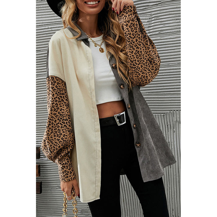 Gray Color Block Leopard Patch Corduroy Jacket