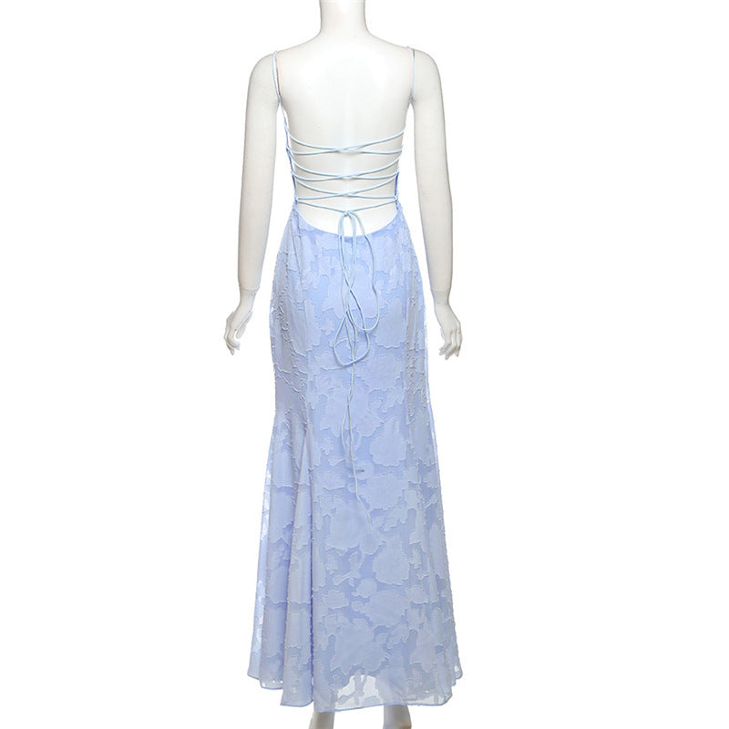 Boat Neck Backless Lace-Up Slim Strap Dress