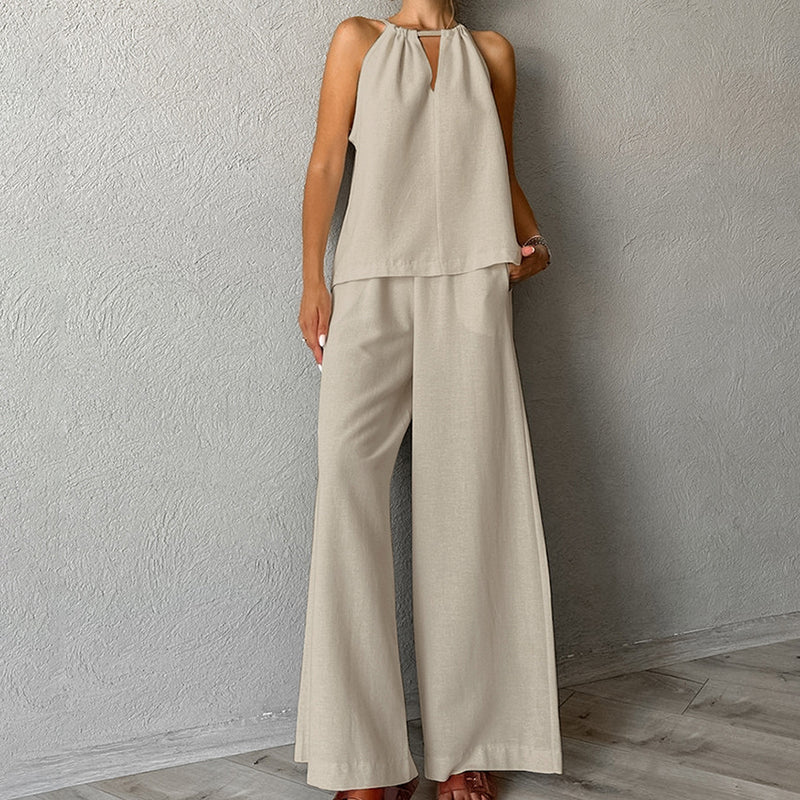 Khaki Cotton Linen Hollow Out Cutout Tied Sleeveless Halter Vest Wide Leg Pants Set