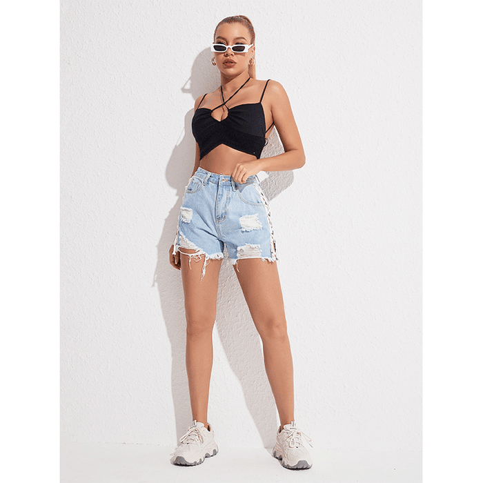 High-Waist Slimming Lace-Up Denim Shorts