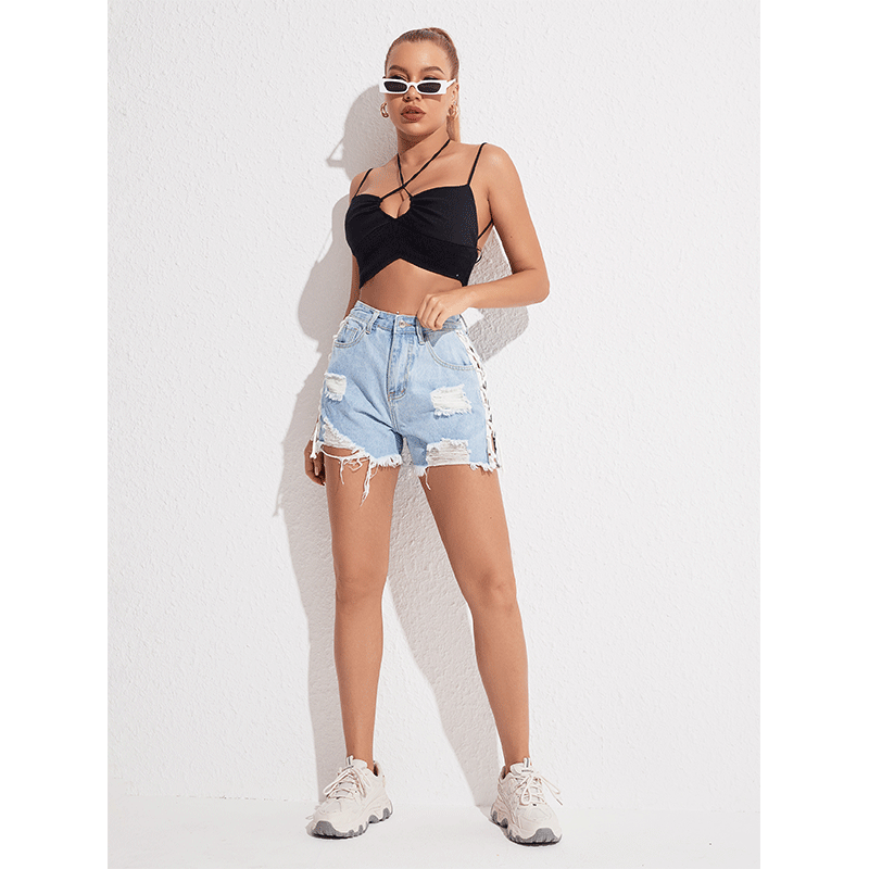High-Waist Slimming Lace-Up Denim Shorts