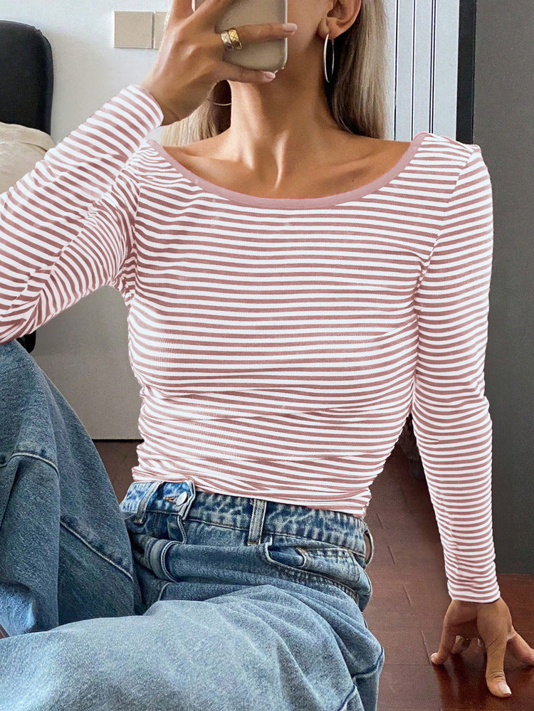 Autumn Winter Top Women Clothing Striped Contrast Color Back Exposed Long Sleeved T shirt