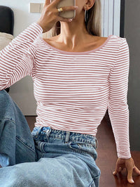 Autumn Winter Top Women Clothing Striped Contrast Color Back Exposed Long Sleeved T shirt