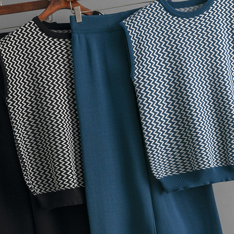 Sleeveless Striped Knit Top &amp; Wide-Leg Pants Two-Piece Set