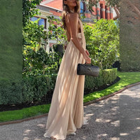 Summer Deep V Plunge neck Long Evening Dress Pleated Halter Backless Dress Women