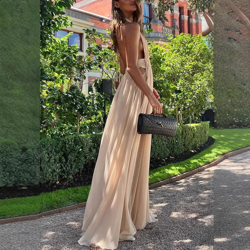 Summer Deep V Plunge neck Long Evening Dress Pleated Halter Backless Dress Women