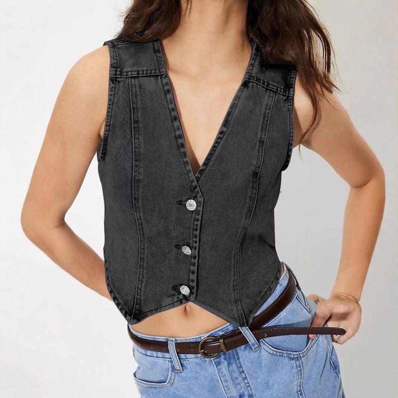 V-Neck Denim Button Vest Top