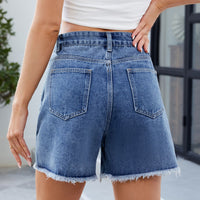 Washed Denim Frayed Hem Shorts