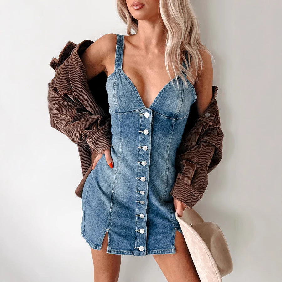 Summer Sweet Spicy Cardigan Strap Retro Denim Dress