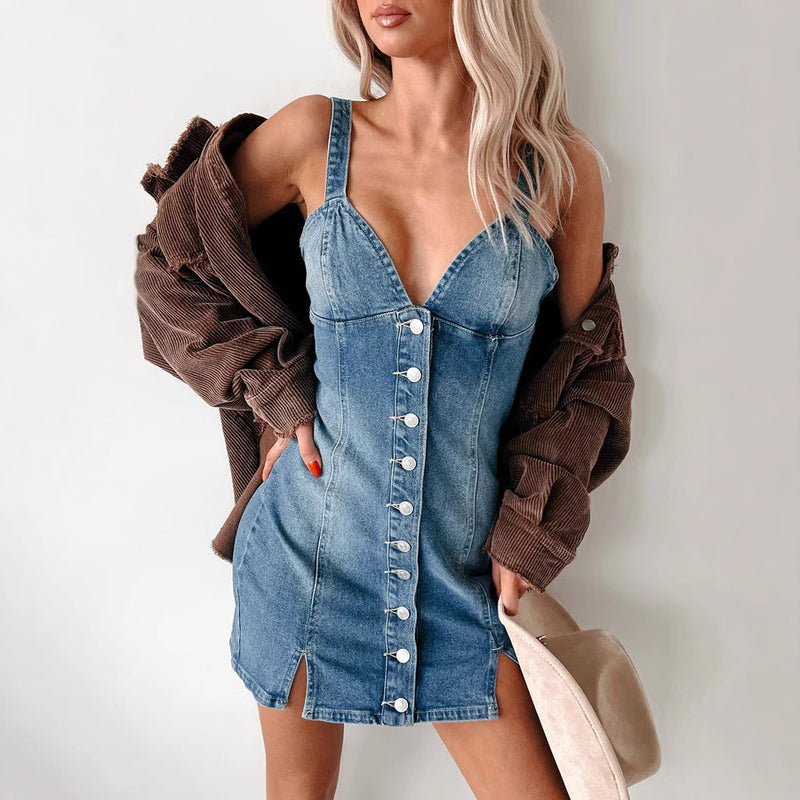 Summer Sweet Spicy Cardigan Strap Retro Denim Dress