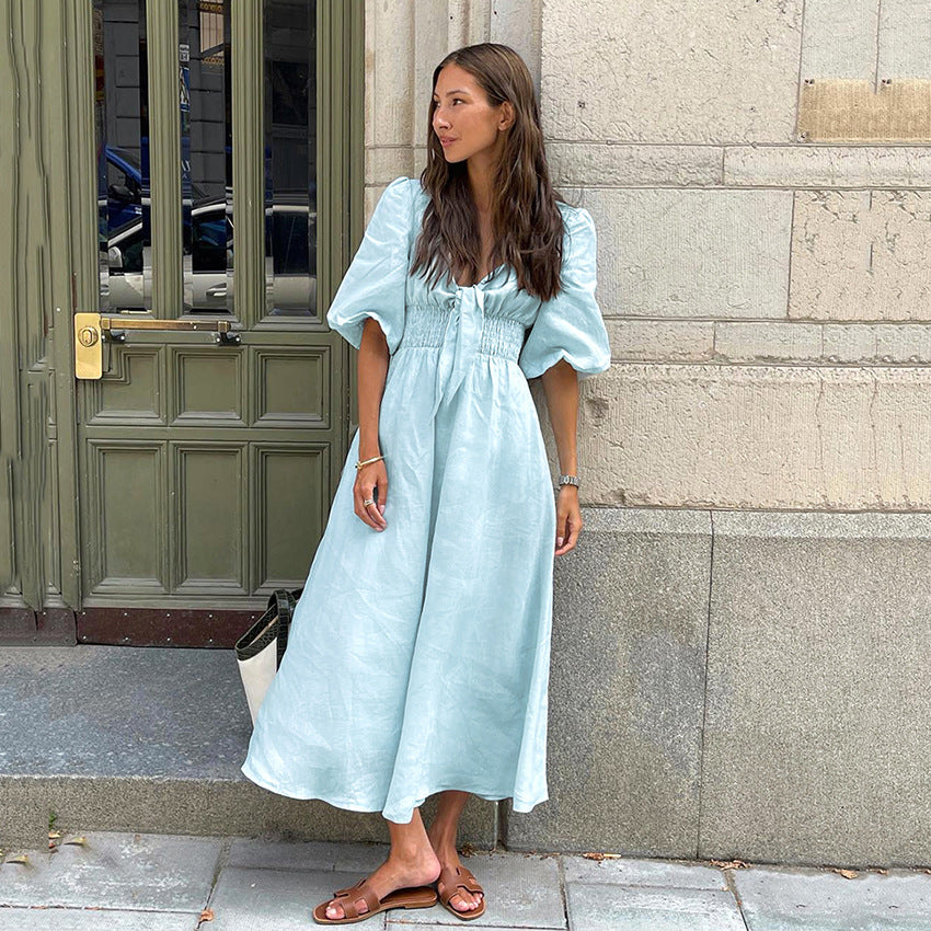 Light Blue Cotton-Linen V-Neck Puff Sleeve Dress