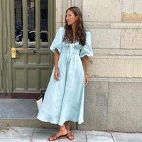 Light Blue Cotton-Linen V-Neck Puff Sleeve Dress