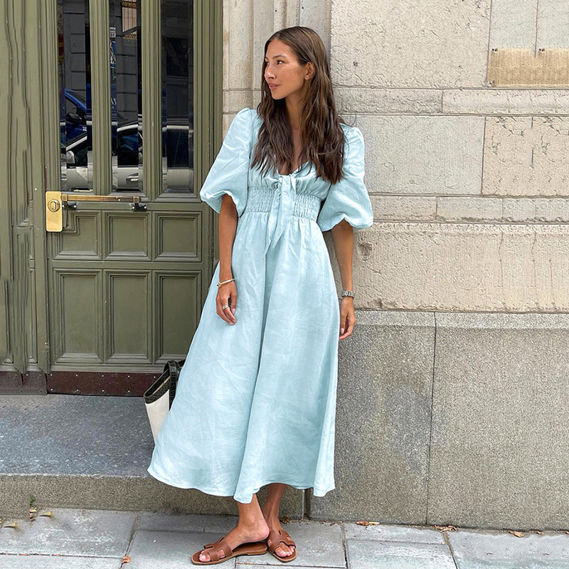 Light Blue Cotton-Linen V-Neck Puff Sleeve Dress