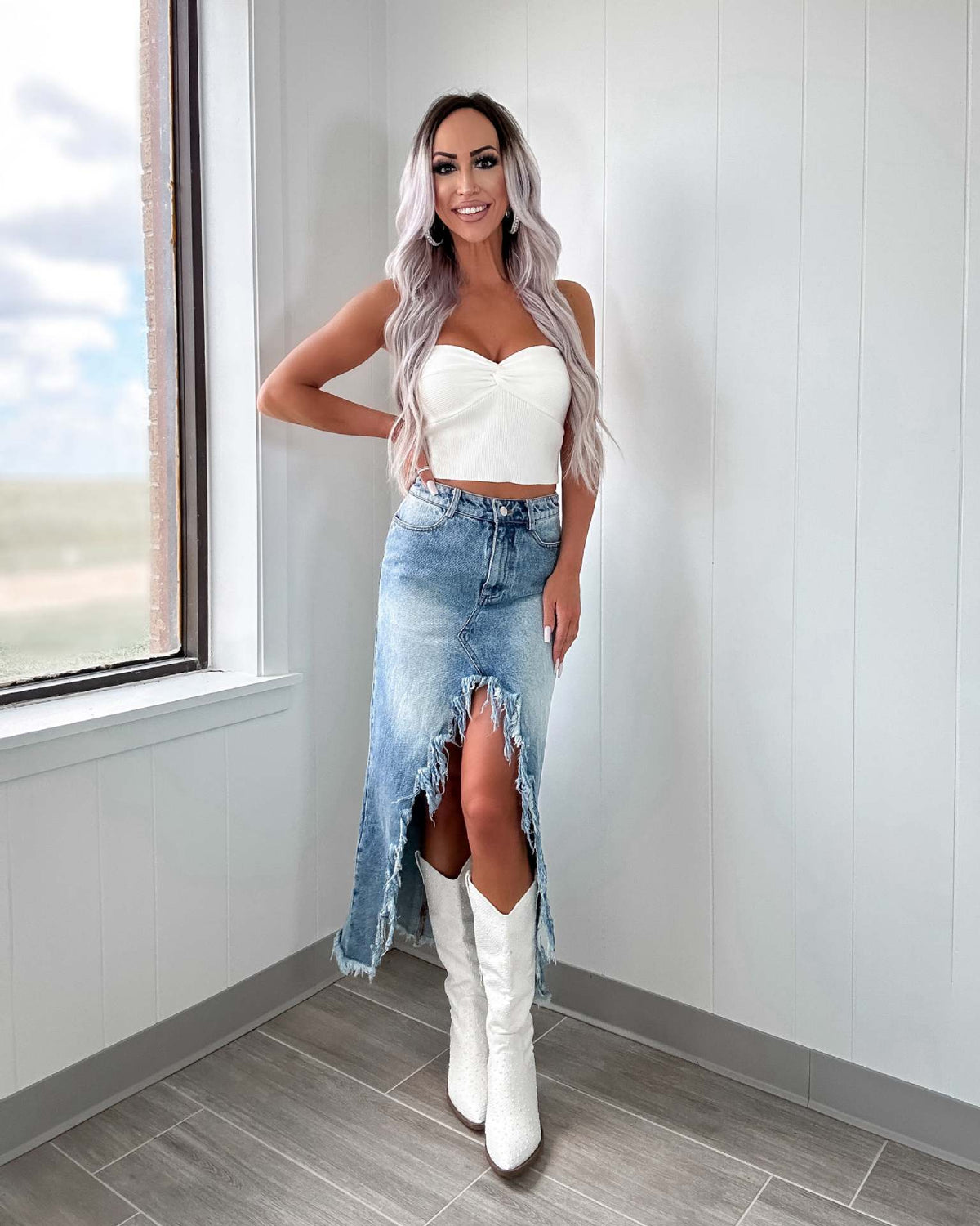 High-Waist Asymmetric Raw Hem Denim Skirt