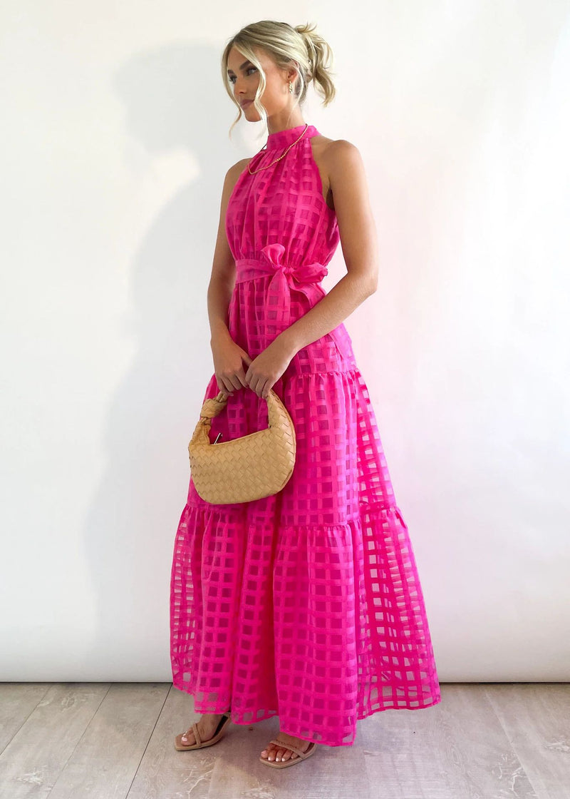 Plaid Retro Maxi Dress with Stand Collar for Women