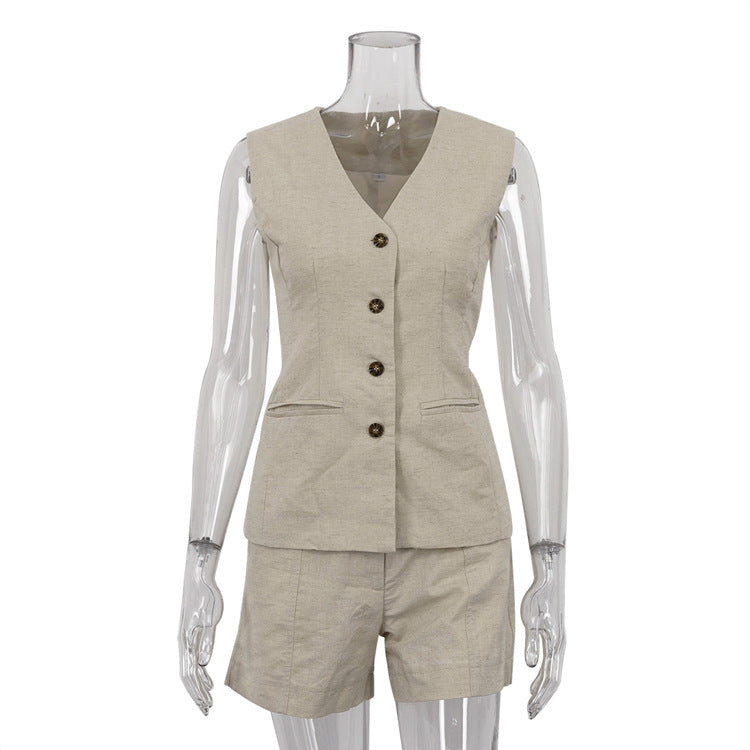 Cotton Linen Sleeveless Waistcoat & Shorts Set
