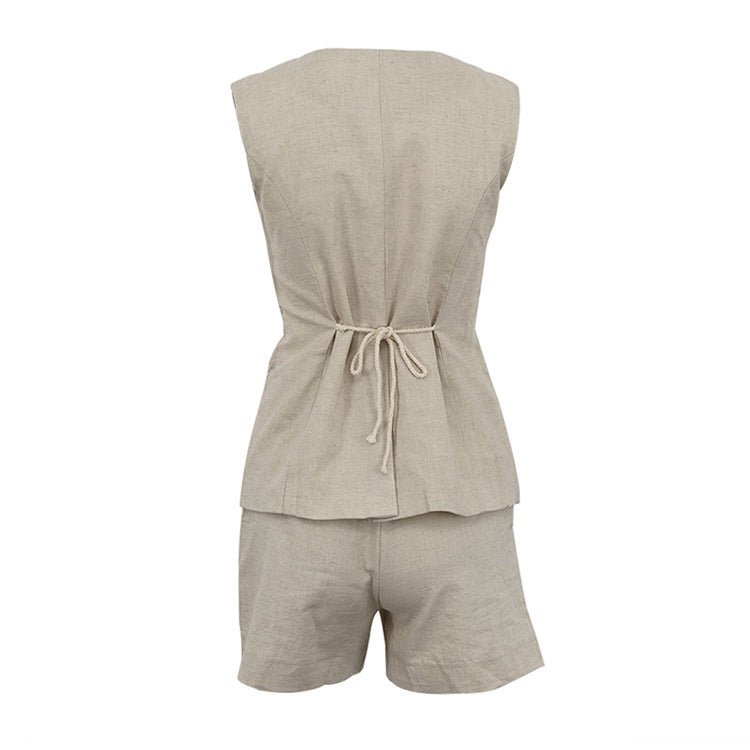 Cotton Linen Sleeveless Waistcoat & Shorts Set