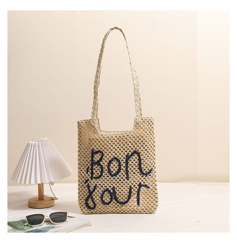 Letter Graphic Embroidered One-Shoulder Straw Bag