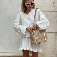 Beige Long Sleeve Shirt &amp; High Waist Shorts Two-Piece Set
