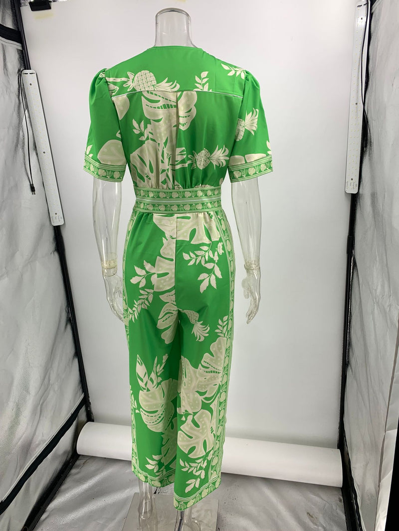 Printed V-Neck Short Sleeve Jumpsuit