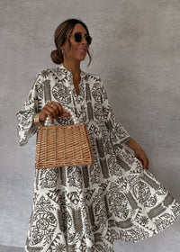 Printed 3/4 Sleeve Casual Shirt Dress