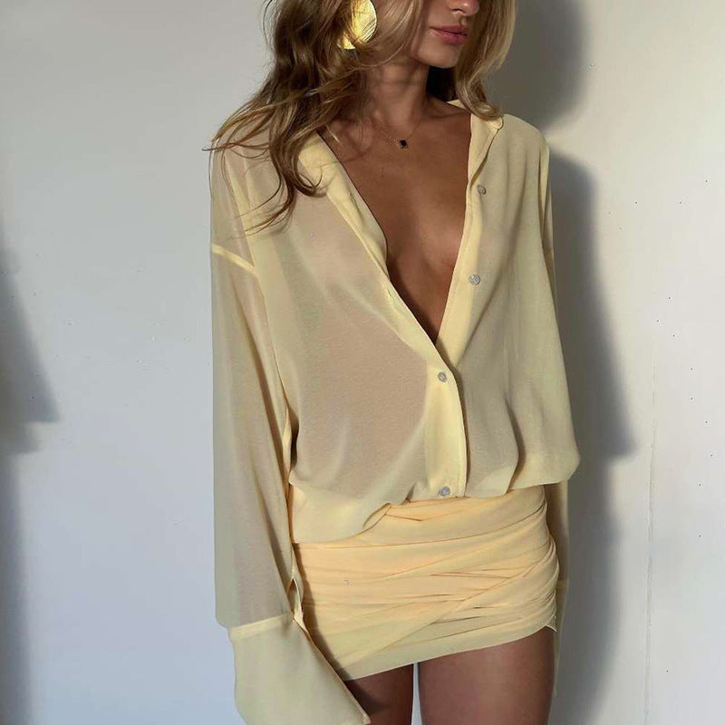 Spring Women Elegant Sexy Collared Slim Fit Sheath Lace up Shirt Dress Short Dress Women