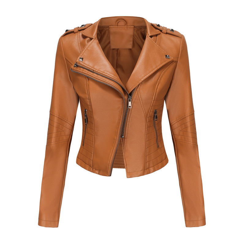 Slim Fit Long SleevSlim Fit Long-Sleeved Faux Leather Jacketed Spring Autumn Leather Jacket Women Rivet Popular Short Jacket Zipper Leather Jacket