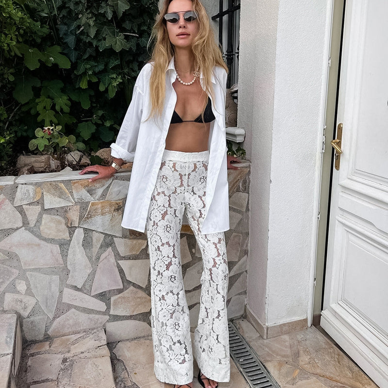 Cotton Lace Jacquard See-Through Flared Pants