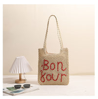 Letter Graphic Embroidered One-Shoulder Straw Bag
