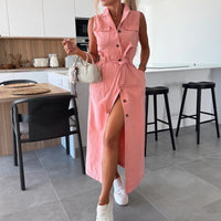 Sleeveless Denim Tie Waist Long Dress
