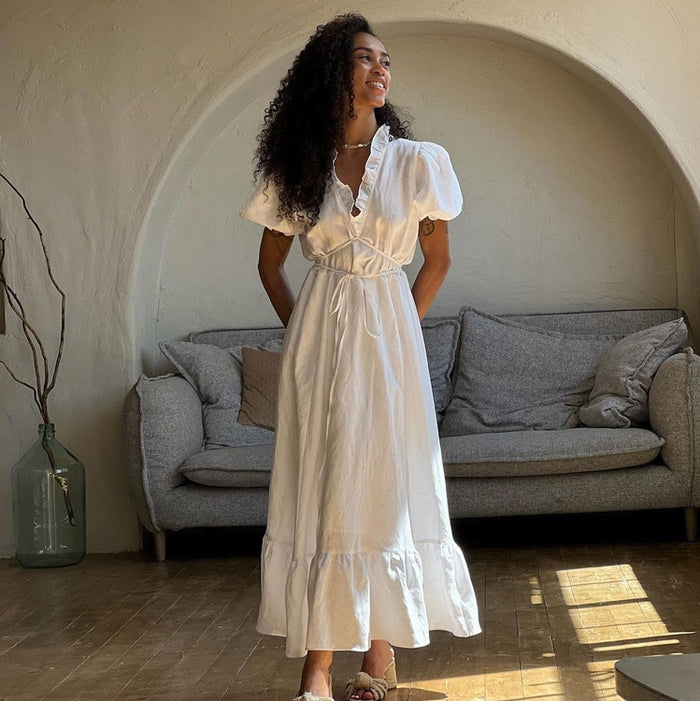 Elegant French White Summer Dress