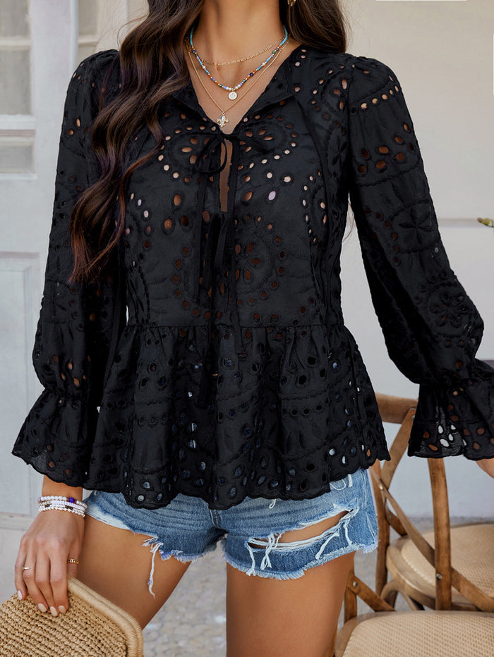 Casual Holiday Loose Lace-Up Blouse