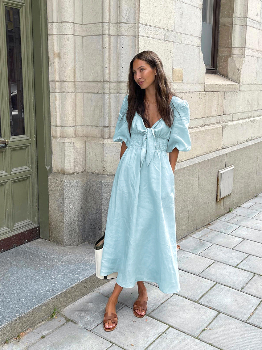 Light Blue Cotton-Linen V-Neck Puff Sleeve Dress