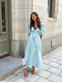 Light Blue Cotton-Linen V-Neck Puff Sleeve Dress