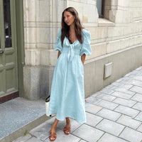 Light Blue Cotton-Linen V-Neck Puff Sleeve Dress