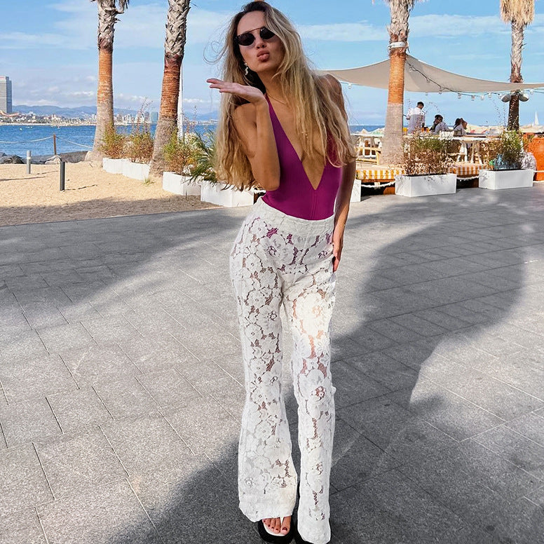 Cotton Lace Jacquard See-Through Flared Pants