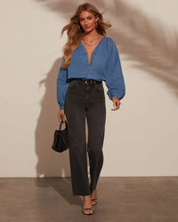 Casual Loose V-Neck Washed Denim Long-Sleeved Top