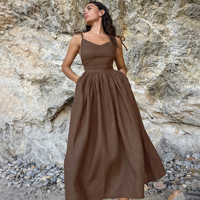 French Cotton Linen High-Waist Maxi Dress