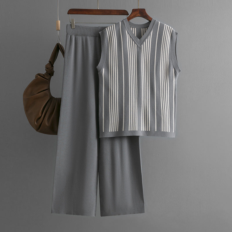 Striped V-Neck Knit Top and Pants Set
