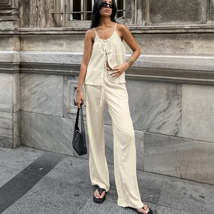 Spring Summer Casual Lace-Up V-Neck Outfit Set