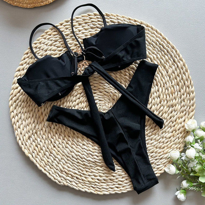 Solid Color Push-Up Bikini Set