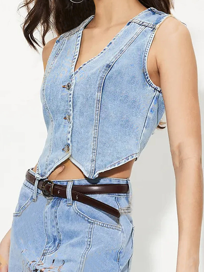 V-Neck Denim Button Vest Top