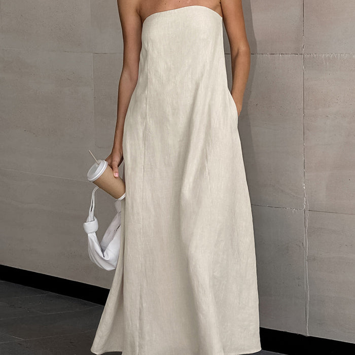French Khaki Cotton Linen Tube Top Maxi Dress