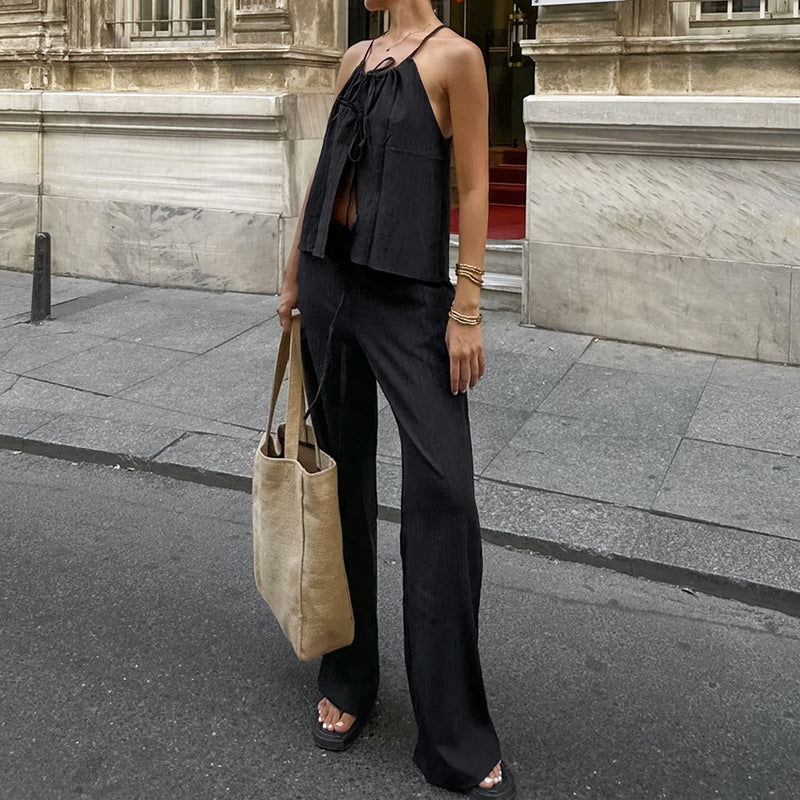 Spring Summer Casual Lace-Up V-Neck Outfit Set