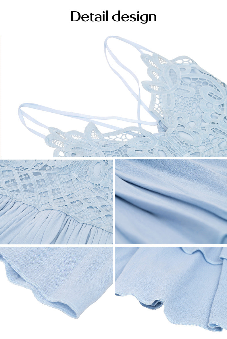 Elegant Strap Lace Collared Blouse